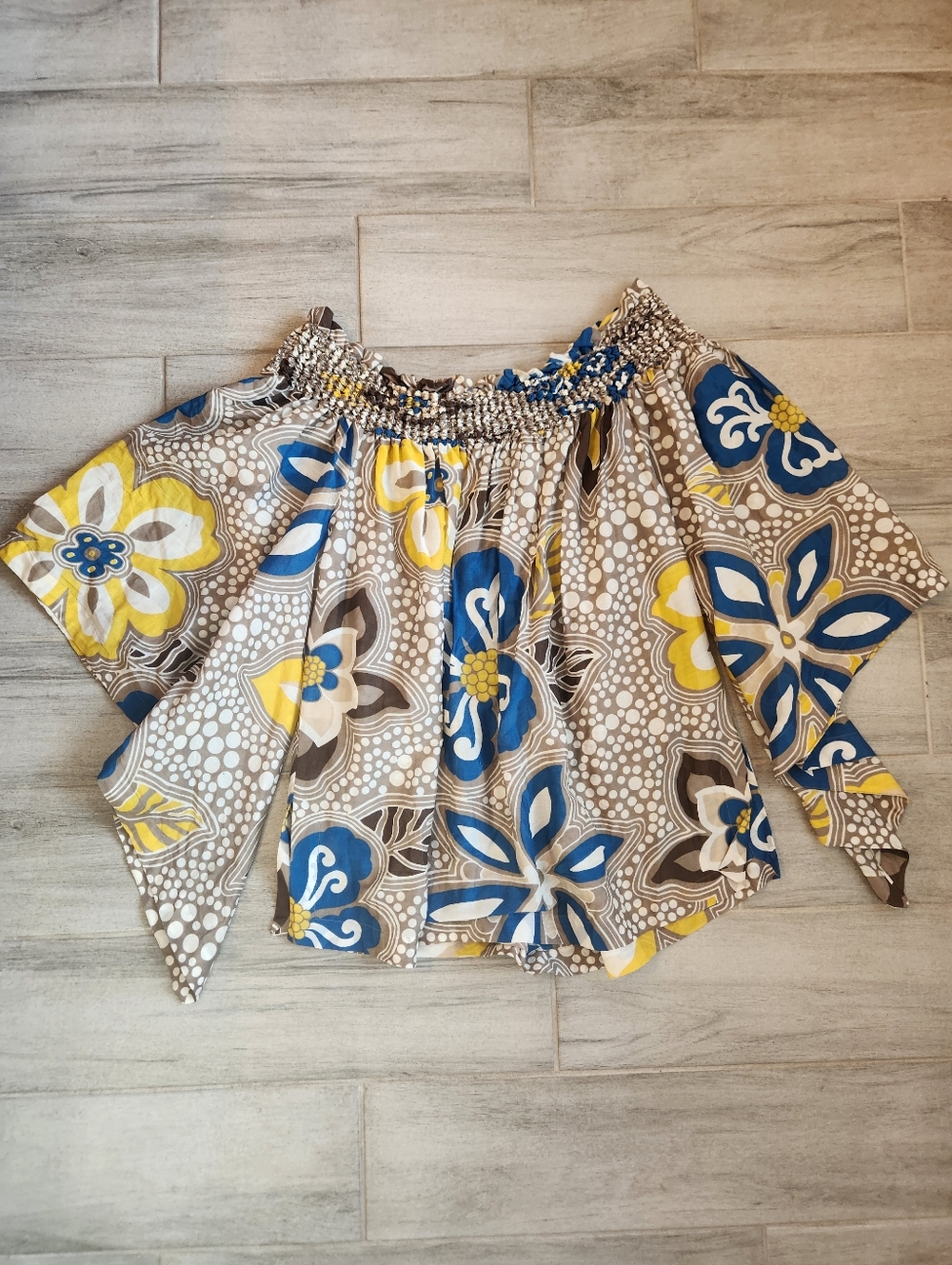 Vintage Y2K Escada Blouse 12 Blue Brown Cotton Silk Floral PolkaDot Off Shoulder